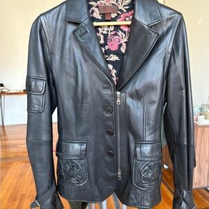 Danier Black Leather Jacket with Pink Floral Lining